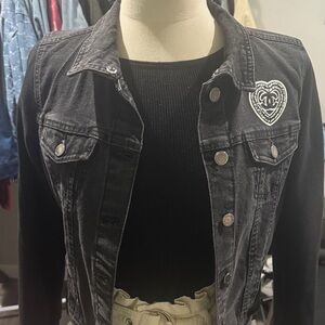 Chic Black Denim Jacket with Heart Patch